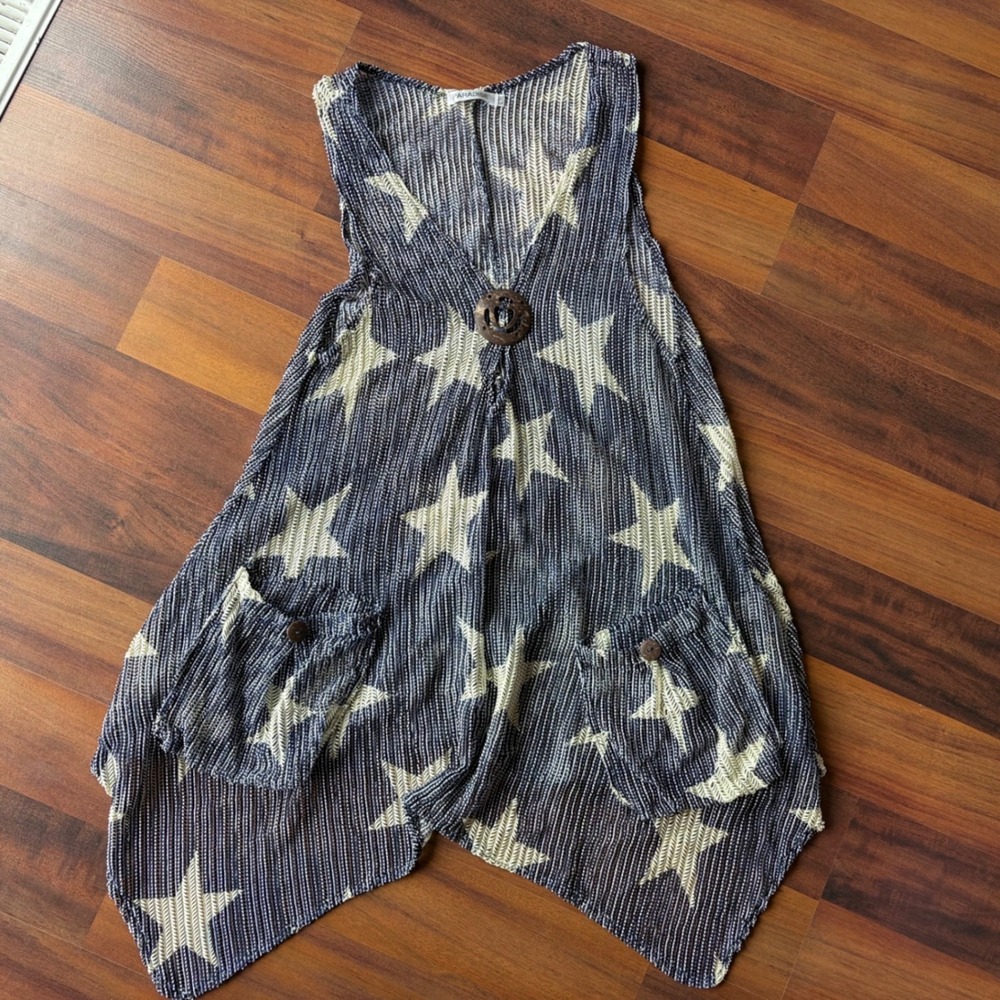 Navy Blue Cream Star Print Open Knit Vest Sleeveless XL XXL Beach Festival Cover